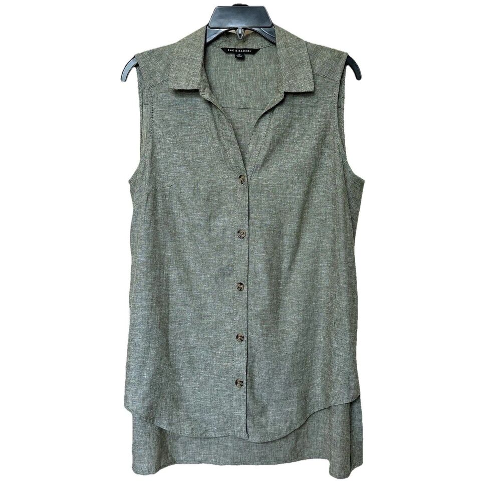 Linen Blend Zac & Rachel Top Med Sleeveless Button Up Olive Green Lagen Preppy